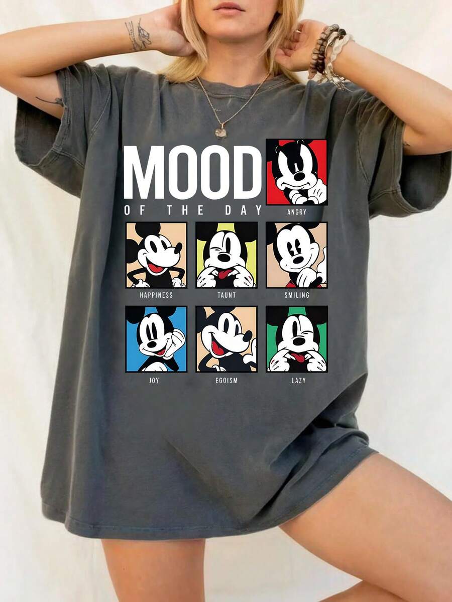 Disney UNIHLO  Mickey Printed Summer Heavyweight Retro Washed Street Fashion Casual T-Shirt - màu đen - Xem 1