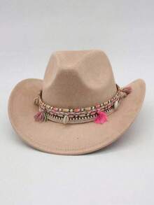 1 pieza Sombrero de vaquero occidental para mujer, sombrero de fieltro suave de unicolor, adecuado para vacaciones, fiestas, salidas y otras ocasiones, verano, playa - Sombrero de cuerda de colores con borlas - Ver 4