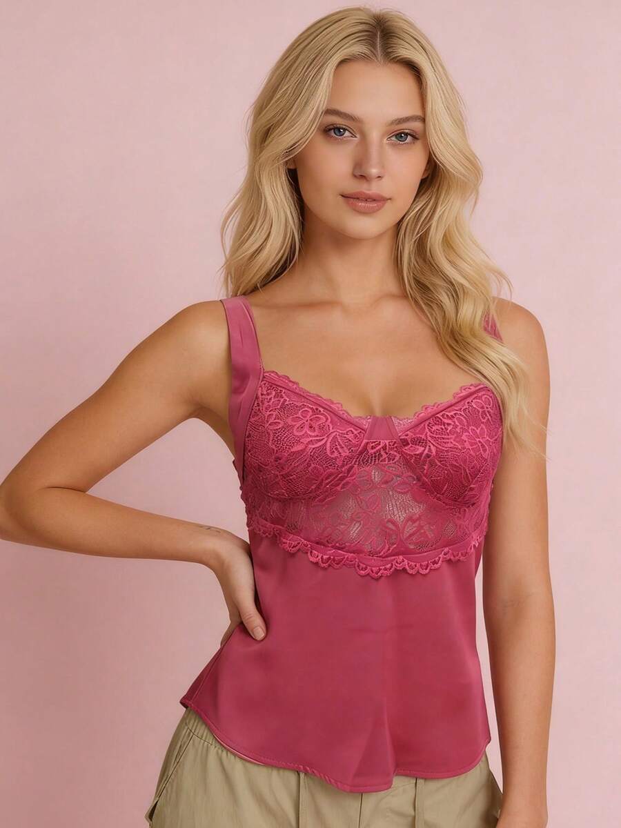 Women's Lace Patchwork Tank Tops Summer Fashionable V Neck Ruffle Hem Going Out Vest - Rosa Fucsia - Ver 1