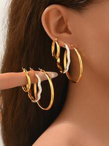 1 Set de Pendientes de Aro de Acero Inoxidable Retro con Micro Diamantes Incrustados en Diseño de Ola, Uso Versátil Diario para Mujeres - multicolor - Ver 1