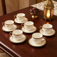 6pcs Luxury Arabian Nights Coffee Cup & Saucer Set, White Ceramic With Hand-Applied Gold Trim & Embossed Pattern, Elegant Tableware For Ramadan Kareem Iftar, Eid Celebrations & Traditional Oahwa Serving, Saucer Dia 14cm/5.51inch - Multicolor - View 6