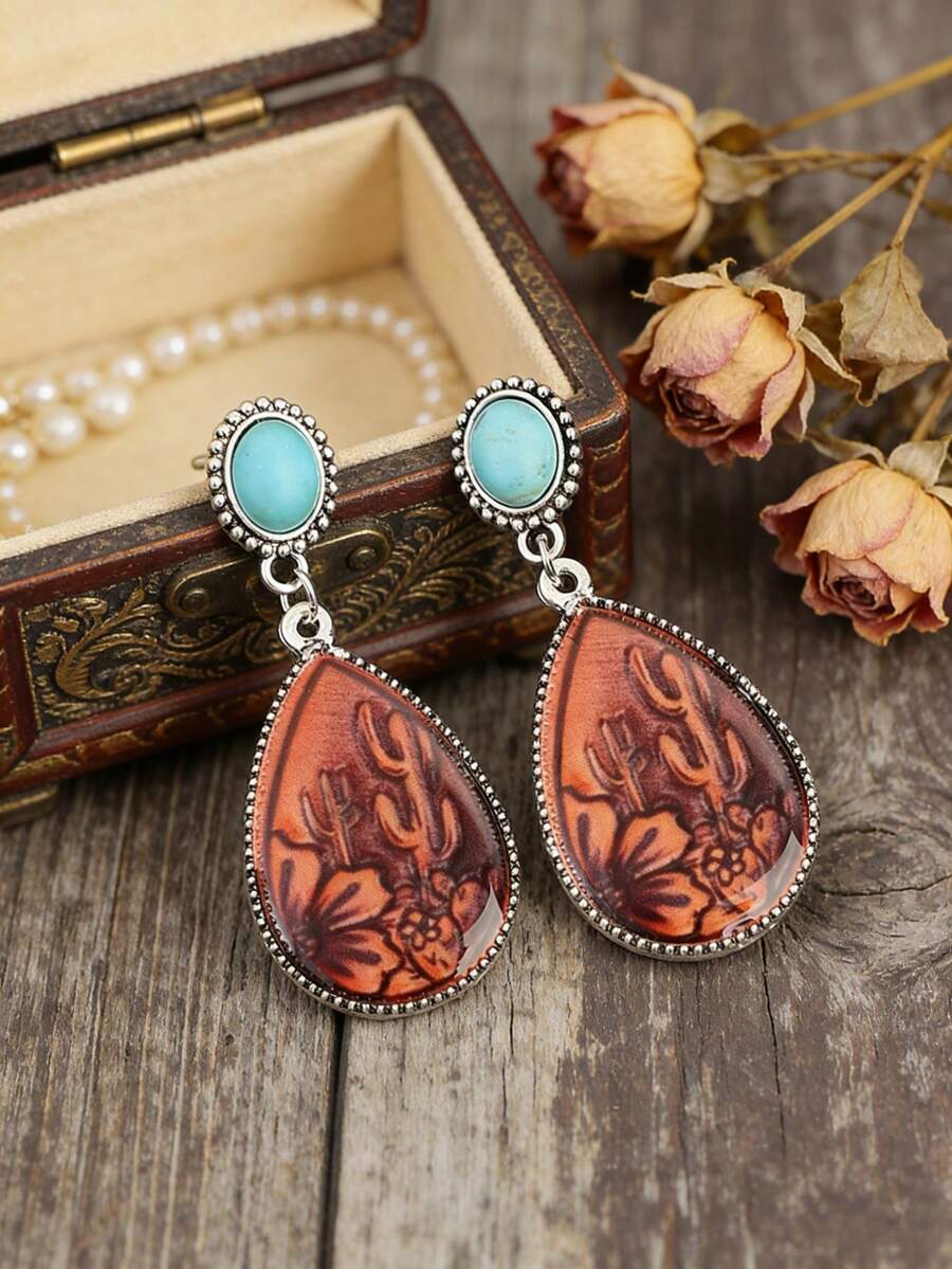 Pendientes de botón con flor de resina rojo-marrón estilo bohemio, pendientes de gota de turquesa verde en capas - Multicolor - Ver 1