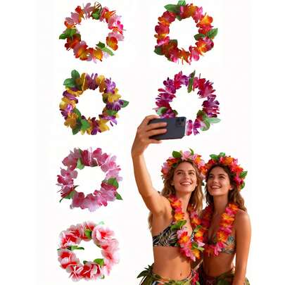 6件套夏威夷主题派对花环头箍，热带夏威夷花卉主题派对礼品，加厚花冠，适合夏季海滩泳池派对装饰礼品用品，夏季装饰，夏季用品，派对装饰，派对用品，夏威夷主题派对，波西米亚风花朵头箍发饰，夏威夷主题海滩度假仿布艺花冠