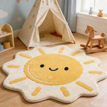 1pc Sunny Smiling Face Cartoon Scene Round Area Rug, The Unique Sun-Shaped Outline Enhances The Playful Atmosphere, The Smiling Face Pattern Conveys A Warm Feeling, The Short Plush Skin-Friendly Material Ensures Play, Coordinating With Colorful Toys And Natural Wood Furniture To Create A Lively Ambiance; Decorative Carpet, Bedroom Decor, Small Rug, Carpet, Home Decor, Living Room Rug - Multicolor - View 3