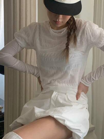 韩版ins风3D荷叶边独特蕾丝短花瓣袖T恤，日系风格