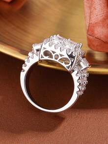 优雅方形合成立方氧化锆情侣戒指，订婚/结婚礼物首饰 - 白色 - 查看 6