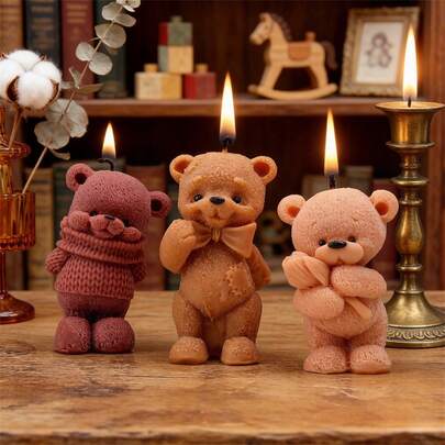 3D Cute Teddy Bear Silicone Candle Molds, Kawaii Bow Tie, Sweater & Tulip Bear Moulds For DIY Aromatherapy Candles, Soap Resin Crafts & Home Decor Handmade Gifts