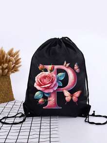 1pc Summer New Floral & Letter Outdoor Sports Bag, Football Backpack, Basketball Backpack, Boys & Girls Sports Bag, Hiking Backpack, Large Capacity Lightweight Drawstring Bag - Black - View 30