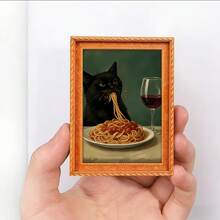 1pc Slouchy Black Cat Drinking Wine & Eating Noodles Fridge Magnet - Mini Wooden Frame Decorative Painting, With Comfortable Black Cat Drinking Red Wine Pattern, Durable, Ideal For Home Kitchen Decor, Also A Kitchen Accessory, Designed With Humor - Black Cat - View 5