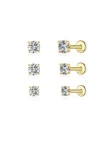 1Pc 925 Sterling Silver Moissanite Classic Four-Prong Diamond Setting Stud Earring Flat Back Cartilage Helix Piercing For Women Girls Men(2Mm, 3Mm, 4Mm) Wedding Engagement Bridal Jewelry Suitable For Women For Daily, Dates, Vacation, Party, Holiday Gift - Gold - View 7