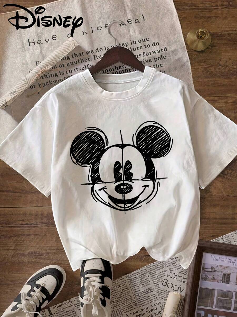 Disney Mickey Mouse Sketch Oversized T-Shirt: White Loose Fit Cotton Tee With Hand-Drawn Mickey Head Graphic, Perfect For Theme Park Visits, Casual Wear And Disney Fans, Ideal Gift - trắng - Xem 1