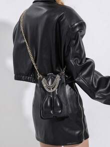 Túi đeo chéo đa năng thiết kế độc đáo, thời trang, kiểu dáng retro, có dây xích trang trí cá tính, màu trơn đơn giản, hình dáng ngộ nghĩnh, có thể tháo rời, phù hợp cho mua sắm, đi làm, du lịch hàng ngày và các buổi tụ họp, v.v. - màu đen - Xem 3