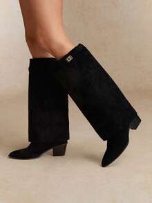 Tropiscape 女士阔腿裤搭配尖头高筒靴，2025夏季新款西部牛仔靴 - 黑色 - 查看 3