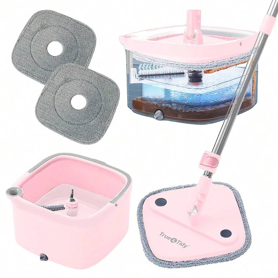 Mopa giratoria y cubo Mopa de piso inteligente con compartimentos separados para agua limpia y sucia, autolimpieza con 2 almohadillas lavables a máquina, edición limitada de primera salida color rosa - Rosa - Ver 1