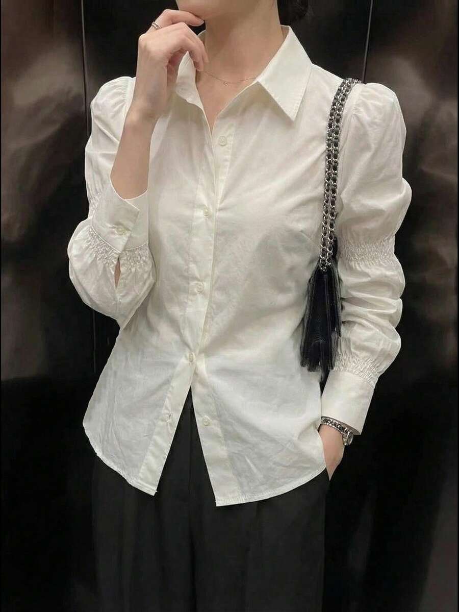 Áo kiểu nữ tay sen màu trắng thanh lịch mùa hè mới Y6Y - trắng - Xem 1