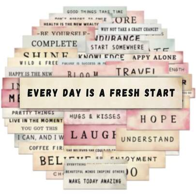 50张彩色复古励志标签英文句子艺术贴纸，内容包括“希望”、“美好事物，活在当下”等，可用于装饰剪贴簿、水杯、电脑等。