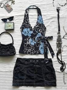 Áo croptop nữ kiểu Y2K họa tiết hoa, cổ yếm, màu đen và xanh dương, vạt chéo phía trước, dây buộc bên hông, dáng ôm. - Nhiều màu - Xem 1