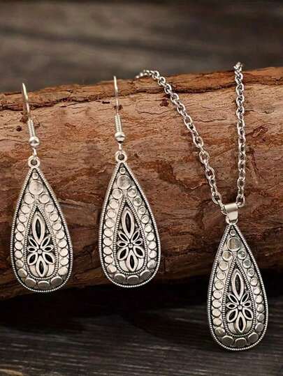 Drop Shape Alloy Flower Carving Vintage Necklace &  Earrings Set Valentines,Mom,Mother,Mother's Day,