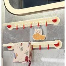 1 Set de ganchos y estante de baño montado en la pared sin taladro con ventosa, organizador de baño, barra de toallas con ganchos, barra de toallas extraíble - Albaricoque - Ver 6