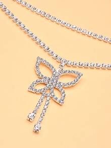 1pc Fashionable & Sexy Double Layer Butterfly Design Waist Chain With Rhinestone, Tassel & Hollow Out Detail For Beach - Silver - View 4