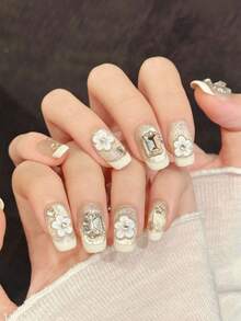 10pcs Spring/Summer Handmade Press On Nails, Nude & Gold Glitter With Rhinestone & Flower Fake Nails, Short Square/Oval Nails Acrylic False Nails For Wedding Bride & Music Festival, DIY Nail Art Supplies, Reusable, With Jelly Glue And Nail File - Champagne - View 2