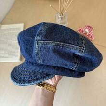 Women Beret Hat, Elegant Vintage Solid Soft Painters Cap Denim Artist Hat For Casual Daily - 藍色 - 查看 2