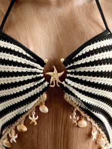 女士贝壳流苏装饰条纹串珠镂空露背吊带连体裤，夏季度假装，海滩度假装 - 黑與白 - 查看 4