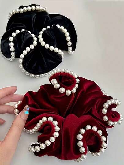 复古仿珍珠发圈，女士串珠发带，黑红配色，可增加发量，适合舞会、派对和特殊场合，2 件套（红色 + 黑色）