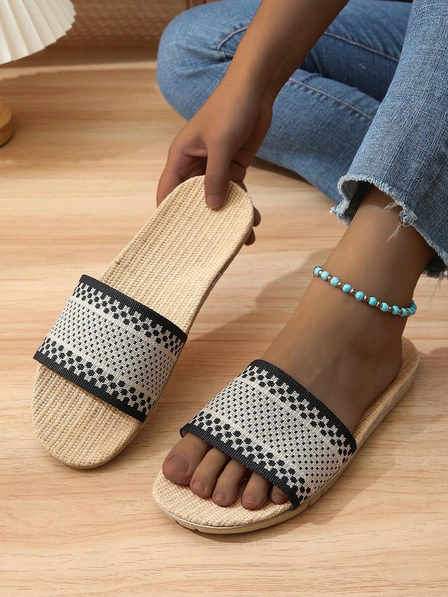 Nouvelles sandales d'été en lin naturel imprimées de lettres pour femmes, mules respirantes polyvalentes en kaki avec croisillons