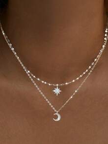 1 chiếc vòng cổ hai lớp mặt dây chuyền hình trăng sao đính đá, kiểu dáng thanh lịch, đa năng dành cho nữ. - Bạc - Xem 4