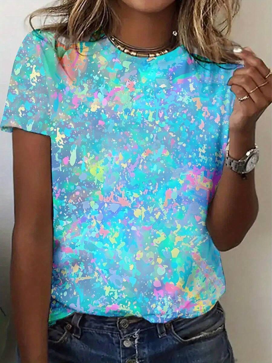 1PC 3D Splashed Ink Glow In The Dark T-Shirt, Vibrant Neon Macaron Paint Splatter Design In Blue Pink Purple Green Yellow Orange, Premium Soft Breathable Polyester Fabric, Glow-In-The-Dark Feature With Fade-Resistant Print, Round Neck Short Sleeve Relaxed Fit, T1rendy Streetwear Style With Y2K Aesthetic, Unisex Casual Top, Perfect For Music Festivals, Theme Parties, Rave Events, Night Out, Summer Outfits, Great Artistic Gift Idea - 彩色 - 查看 1