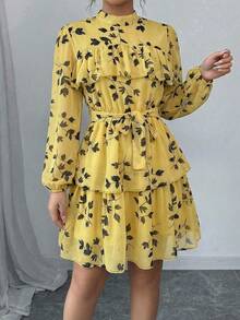 Women's Layered Tiered Short Dress Chiffon A Line Belted Long Sleeve Ruffle Hem Stand Collar Elegant Boho Style - Yellow - View 3
