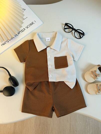 Bộ đồ 2 món thời trang mùa hè cho bé trai, kiểu dáng lịch lãm, gồm áo sơ mi phối màu và quần short màu trơn, thích hợp cho mặc hàng ngày, dã ngoại, đi học, đi làm, đi nghỉ mát, dạo phố.