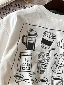 Simple Hand-Painted Women's T-Shirt With Coffee Print And Double-Sided Design, Loose Fit, Round Neck, Suitable For Everyday Use. - White - View 4