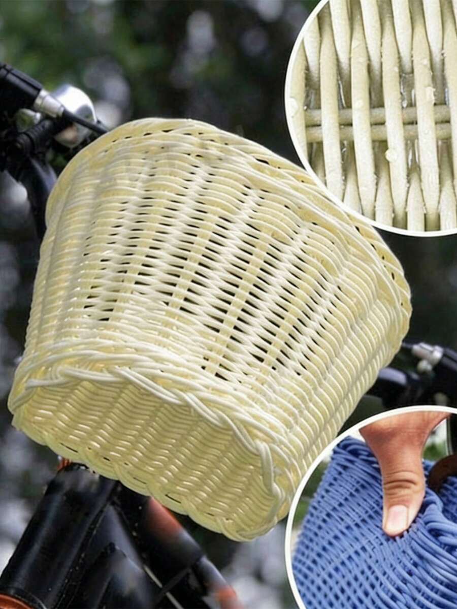 防水塑料编织自行车篮，可拆卸藤编车把自行车篮，儿童自行车篮，藤编外观儿童自行车篮，学步车，平衡车，婴儿推车，零食收纳篮，可水洗，采用传统手工编织工艺，经久耐用且防刮擦，采用耐用塑料制成，防霉易清洁，自行车 - 彩色 - 查看 1