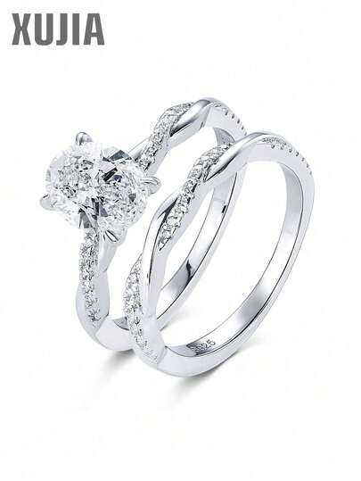 XUJIA 1 Set 925 Sterling Silver 7x9mm (2 Carat) Oval Moissanite Bridal Ring Set, Classic Twisted Engagement Ring, Suitable For Wedding, Anniversary, Birthday Party And Other Occasions