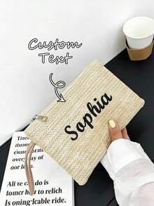 1 pieza Bolso de muñeca tejido personalizado, bolso de embrague de paja con logotipo bordado, incluye colgante con dije dorado, billetera unisex de moda, adecuado como regalo para novio, novia o madre - Multicolor - Ver 4