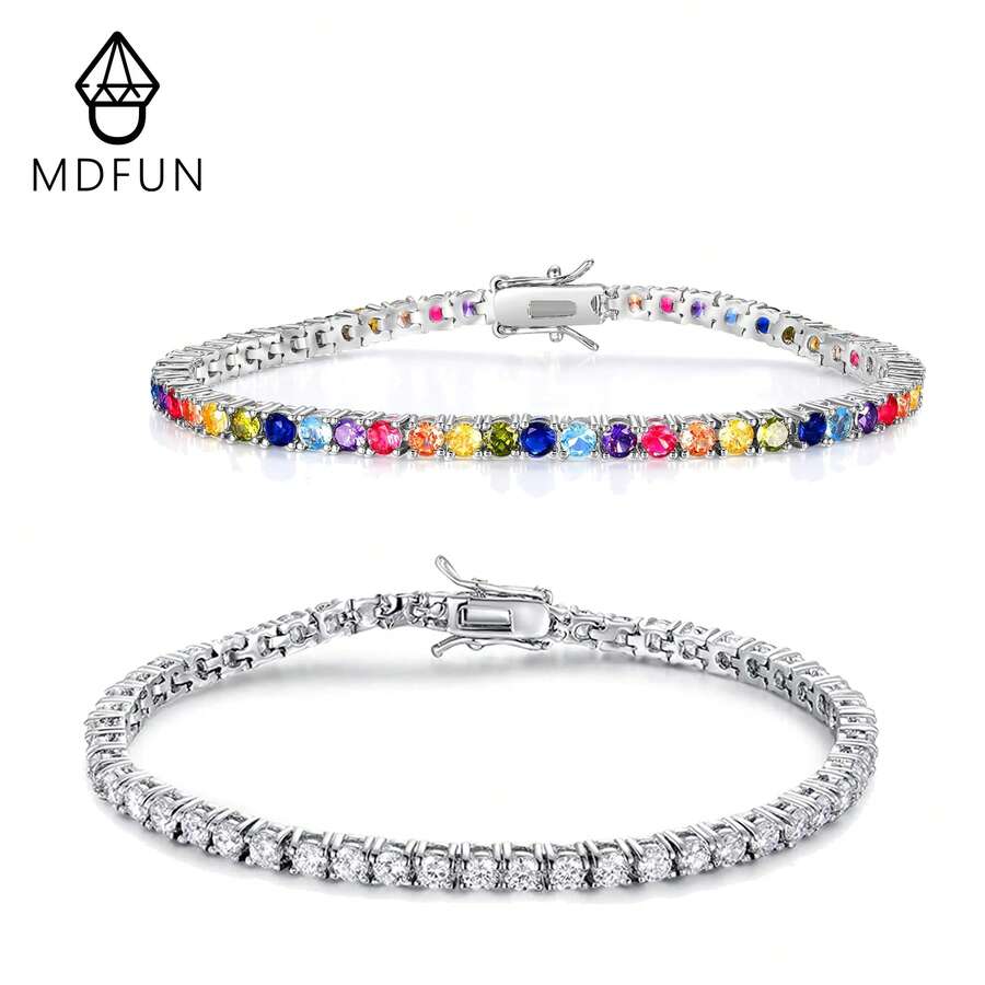 18K白金镀层2件套3毫米白色和彩色立方氧化锆网球手链套装，女士日常时尚首饰 - 白色+彩鋯 - 查看 1