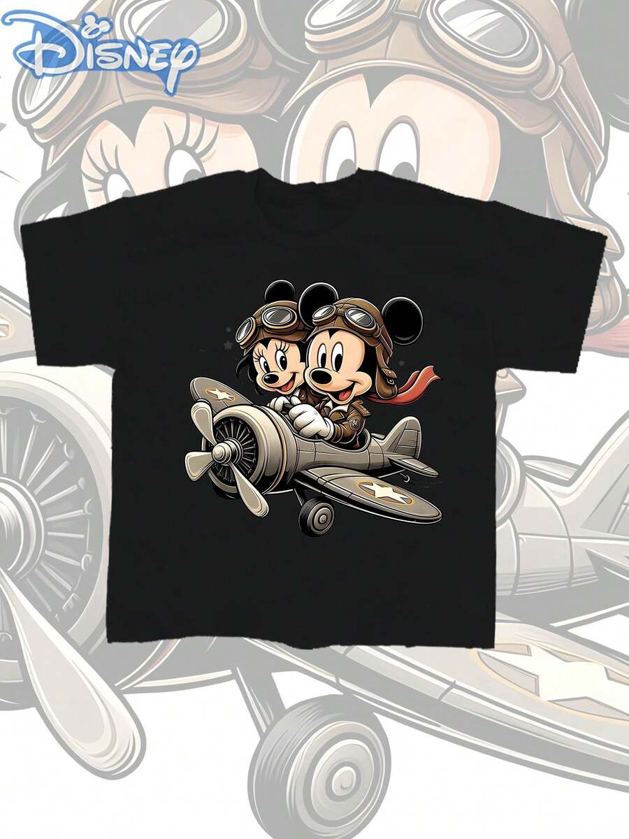 Disney Mickey Mouse And Minnie Mouse Men's Summer T-Shirts, Distressed Finish, One-Piece Design, Pure Cotton Fabric, Comfortable And Breathable, Casual Outdoor Street Style, Crew Neck; High-Quality Fashion Brand, The Ideal Surprise Gift For Family And Friends. - 黑色 - 查看 1