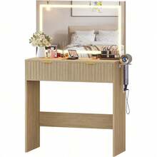 Escritorio de vanidad acanalado con espejo LED iluminado 3 colores 2 cajones toma de corriente puertos USB secador de pelo vestidor madera ligera moderna dormitorio niñas mujeres roble natural alta capacidad multifunción enchufe de pared diseño elegante - Roble natural - Ver 5