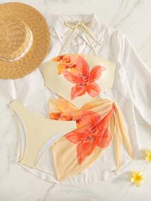 Women's Summer Beach Floral Print Halter Tie Bikini Set With Coverup And Skirt Vacation - Light Yellow - View 3