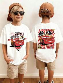 Disney Shining Boy (Double Sided Print): Cars: Lightning McQueen, Themed Cartoon Print, Casual And Simple Short Sleeved T-Shirt, Suitable For Spring And Summer Seasons, Suitable For Boys And Girls To Wear. Festival Gift - White - View 1