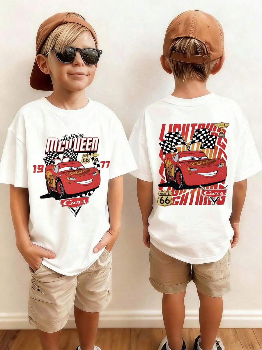 Disney Shining Boy (Double Sided Print): Cars: Lightning McQueen, Themed Cartoon Print, Casual And Simple Short Sleeved T-Shirt, Suitable For Spring And Summer Seasons, Suitable For Boys And Girls To Wear. Festival Gift - White - View 1