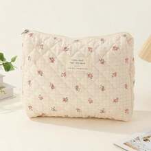 Neceser Floral De Algodón Bolsa De Maquillaje GrandeBolsa De Cosméticos Acolchada Con Asa De Gran Capacidad Bolsa Organizadora De Maquillaje De Viaje Bolsa De Almacenamiento Multifunción - Flor cuadrada - Ver 6