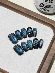 10pcs/Set Handmade Gel Nail Stickers, Demon Eye Striped Square Nail Art, Japanese Style Brightening Nail Wraps, Removable Nail Patches - Multicolor - View 13