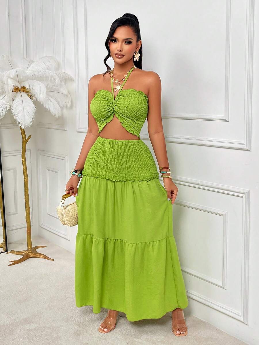 AIJ Amarilo Women Sexy Cold-Shoulder Bandeau Maxi Dress Set, Suitable For Summer Beach Vacation - Green - View 1