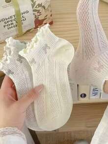 5双装镂空网眼短袜，女士薄款透气蕾丝边短袜，夏季 - 彩色 - 查看 3