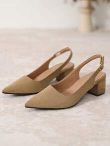 Women's Spring/Autumn New Rhinestone Decor Backless Low Heel Outdoor Fashion Shoes, Versatile Comfortable Suede Pointed Toe High Heels,Chunky Heels - Khaki - View 5