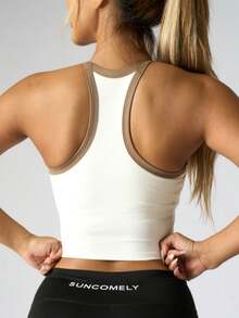 Women's Colorblock Sports Camisole, Built-In Padded Bra, Racerback Design, Supportive Yoga Workout Top Suitable For Fitness, Running - Creamy White - View 4