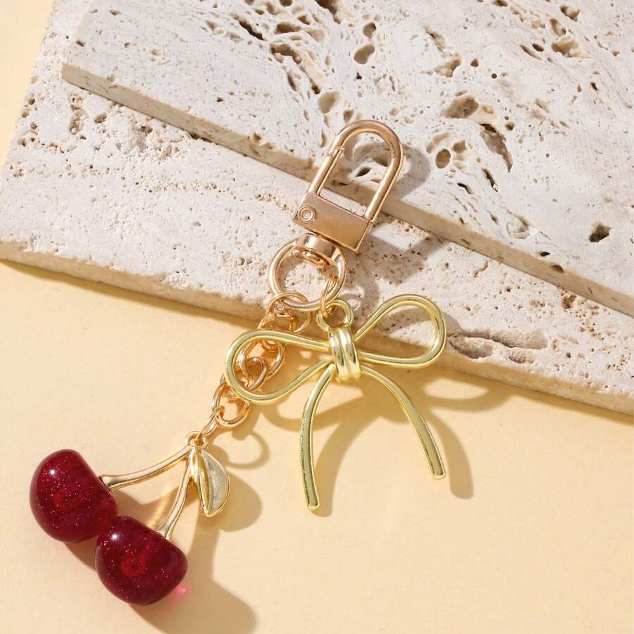 1个女士樱桃蝴蝶结金属钥匙扣 INS风可爱包包挂件 时尚包包配饰 女孩礼物 卡哇伊度假必备配饰 包包挂件 教师礼物 - 彩色 - 查看 1